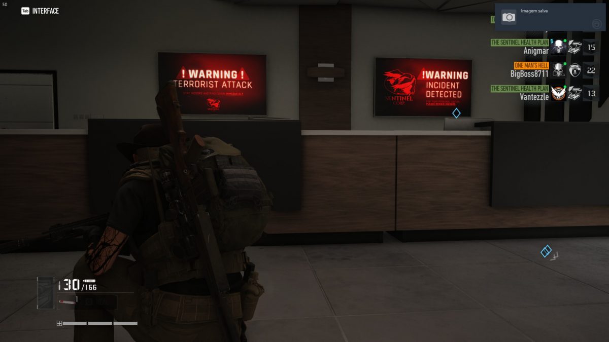 Character crouching with the HUD customized to show health, ammo, and teammate markers only.