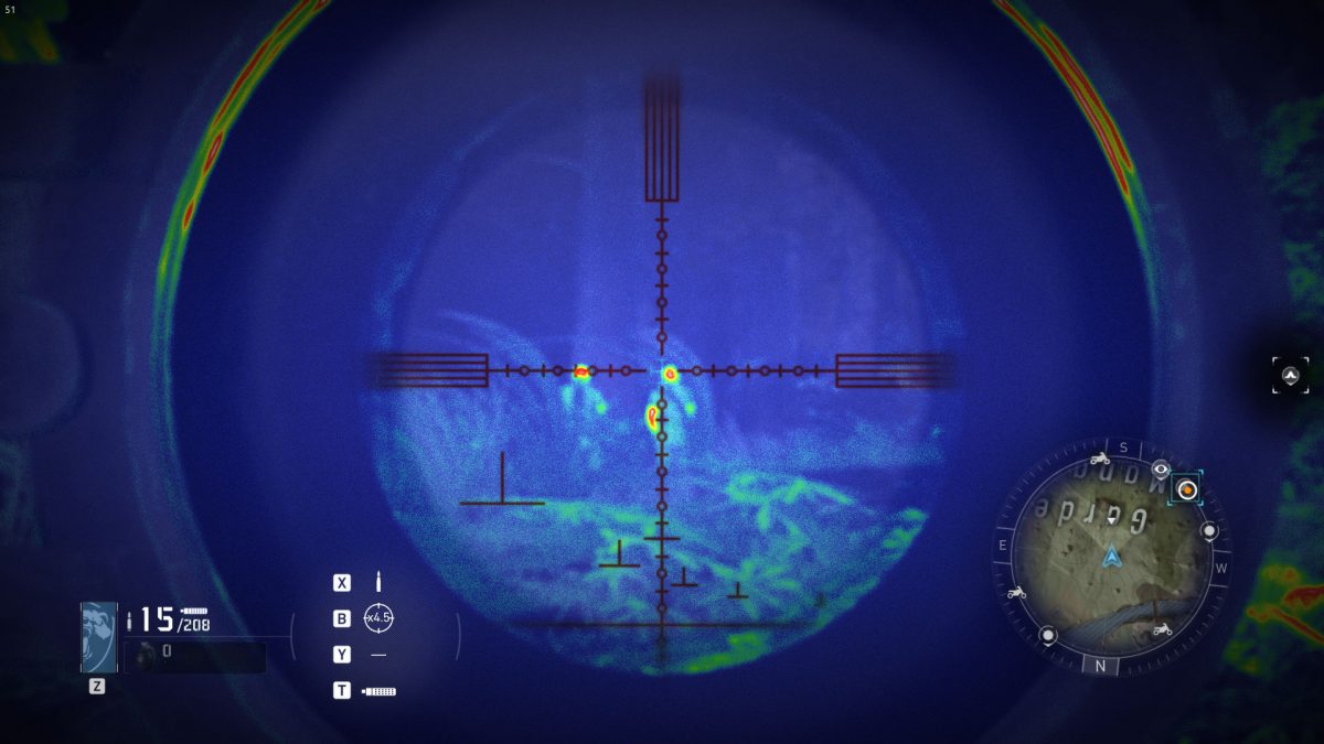Two enemies under the scope of a sniper rifle, both are easy to spot thanks to thermal vision.
