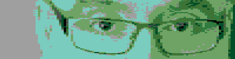 Close view of Antonio I. Martinez's eyes in green color with an 8 bit pixel effect