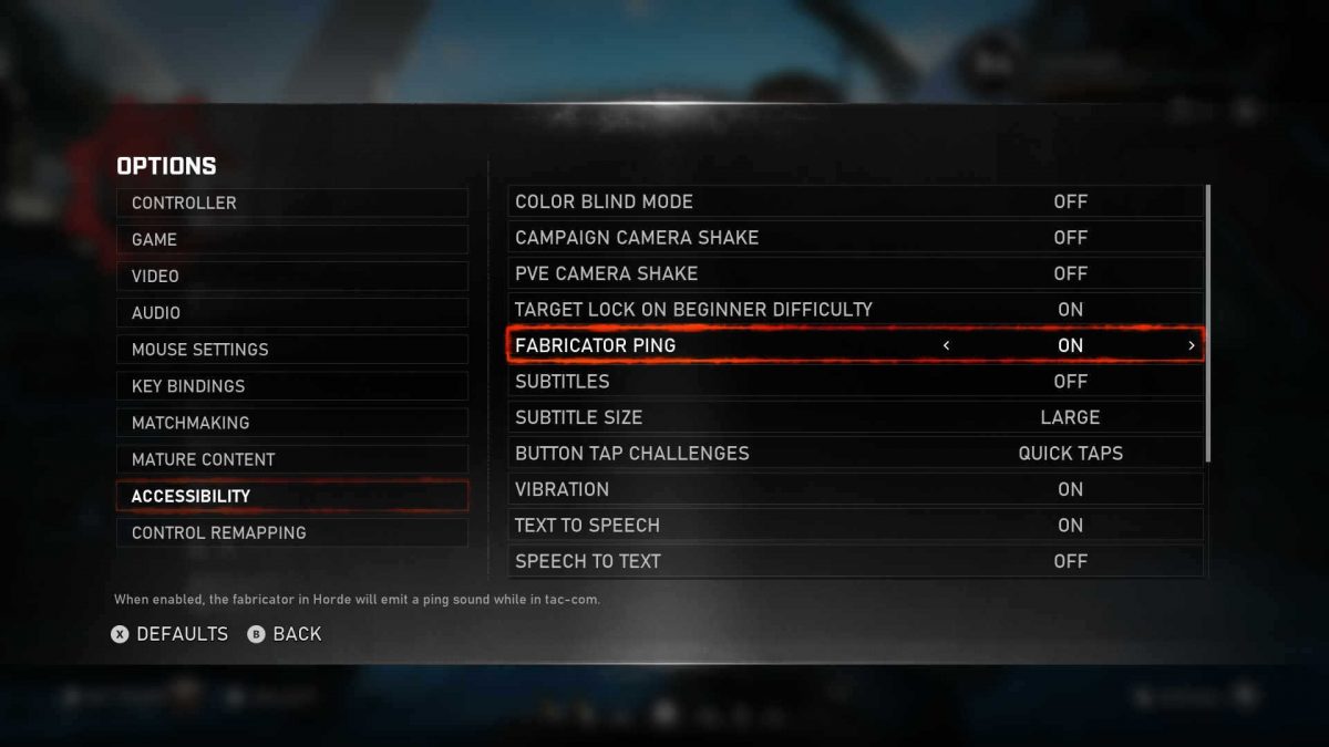 Accessibility options showing Campaign and PVE camera shake as well as fabricator ping, subtitles and Text-to-speech