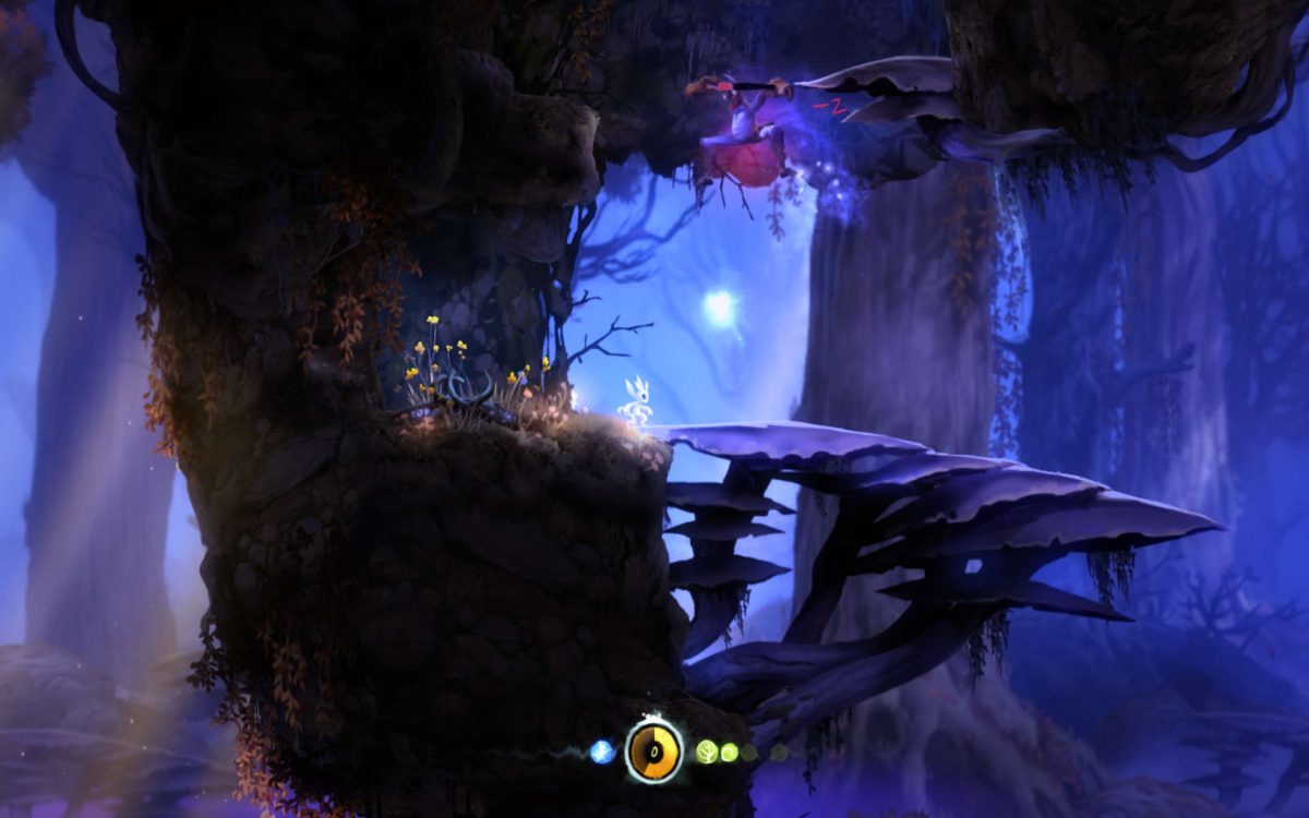 Ori wandering a dark forest, a small number 2 shows the damage received by an enemy