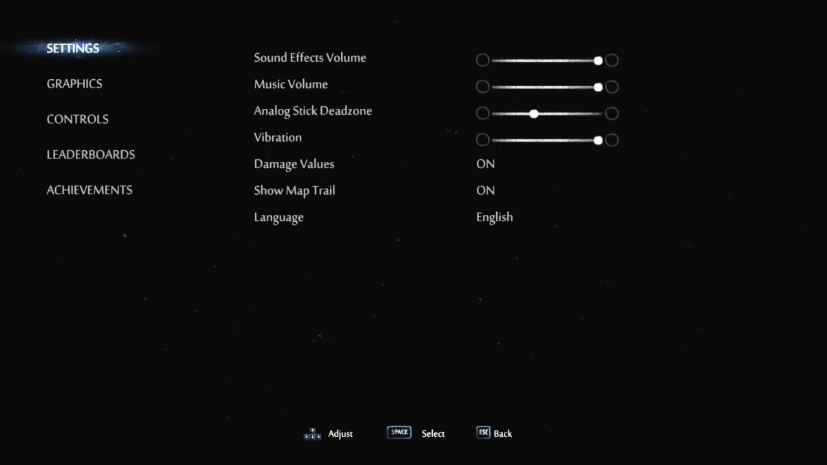Settings menu with options for Sound Effects and Music Volume, Analog Stick Deadzone, Vibration intensity slider, Damage Values, Map Trail and Language.