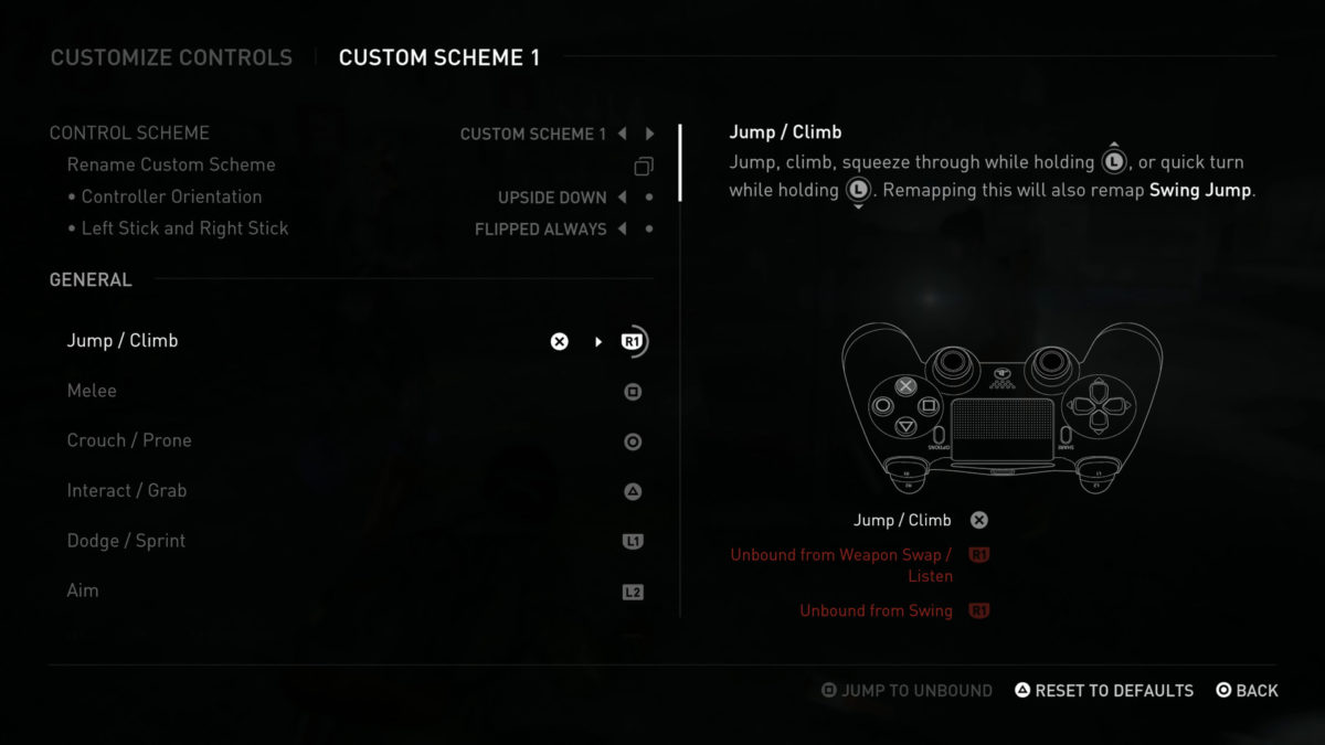 Customize Controls screen displaying an upside-down controller scheme and button remapping