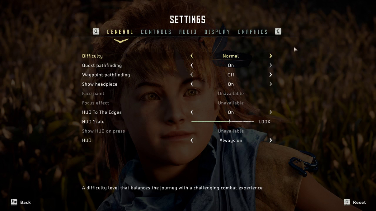 Settings, tabs state General, Controls, Audio, Display, and Graphics. General tab is selected, where users can adjust difficulty, pathfinding, and HUD.