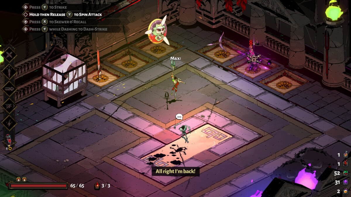 The user is inside a tutorial armory, where weapons are displayed that the user can select. The user is attacking a dummy with a spear, and the dummy is stating "all right I'm back!"