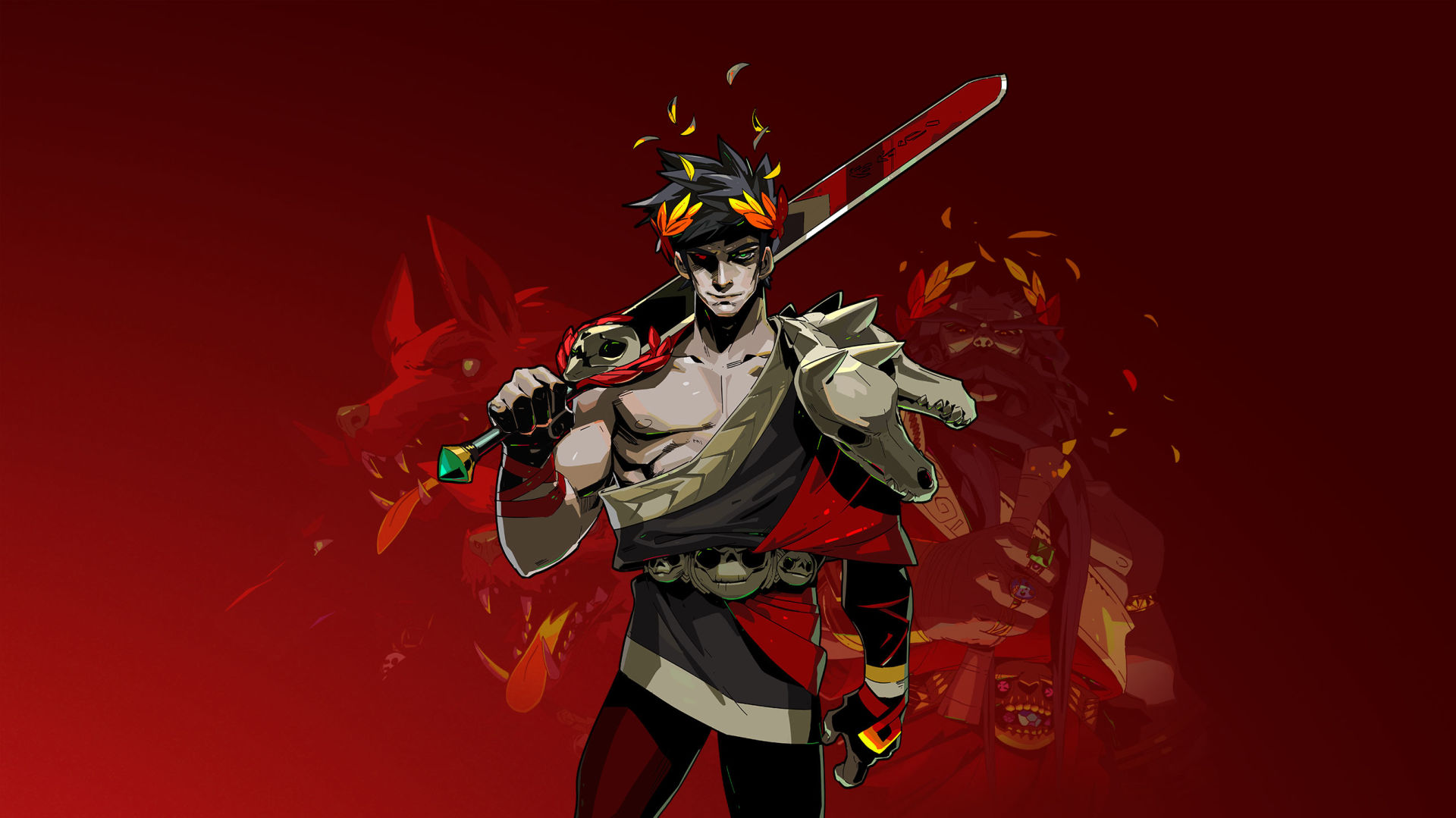 A greek god with black hair and yellow, leaf crown holding a large sword and standing stoically. Behind him is a red background with a three-headed dog.