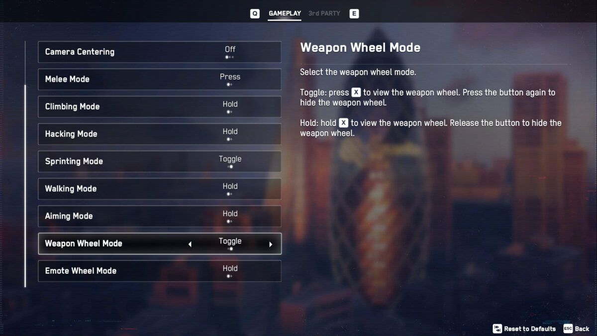Gameplay settings for Camera Centering, Melee, Climbing, Hacking, Sprinting, Walking, Aiming, Weapon Wheel and Emote Wheel Mode. All with Press / Hold or Hold / Toggle values.