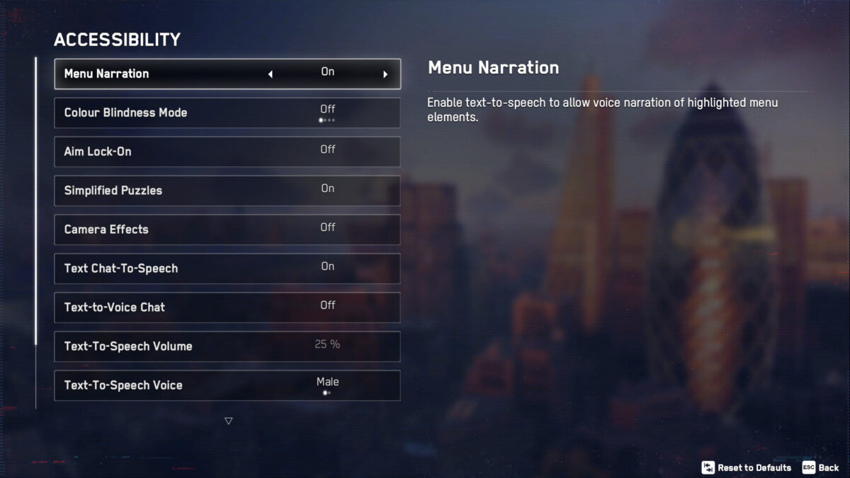 Accessibility menu showing options to turn on or off Menu narration, Colour Blindness modes, Aim Lock-on, Simplified Puzzles, Camera Effects, Text Chat-To-Speech, Text-To-Voice Chat, Text-to-Speech Volume and Text-To-Speech Voice.