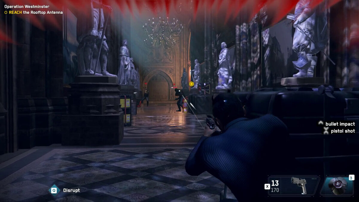 The user is pinned behind a wall for cover. They are shooting at some enemies in a statue gallery. Two enemies are peeking to aim while the user shoots their heads. cc reads bullet impact ahead and pistol shot from the user.