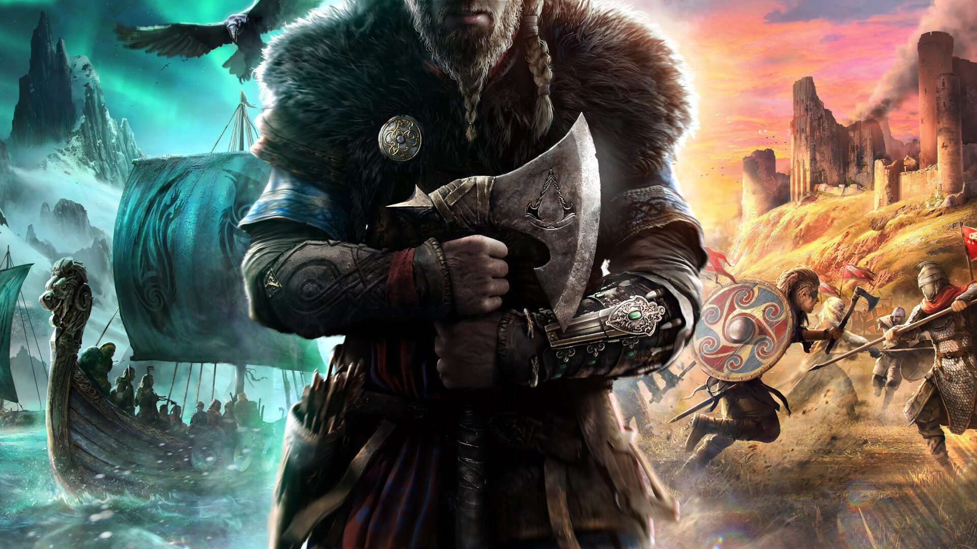 A man in the center wearing viking amor with furs and a long beard, holding an axe. To his left, a blue setting of viking ships sailing into battle and to his right, a red setting of vikings fights british soliders.