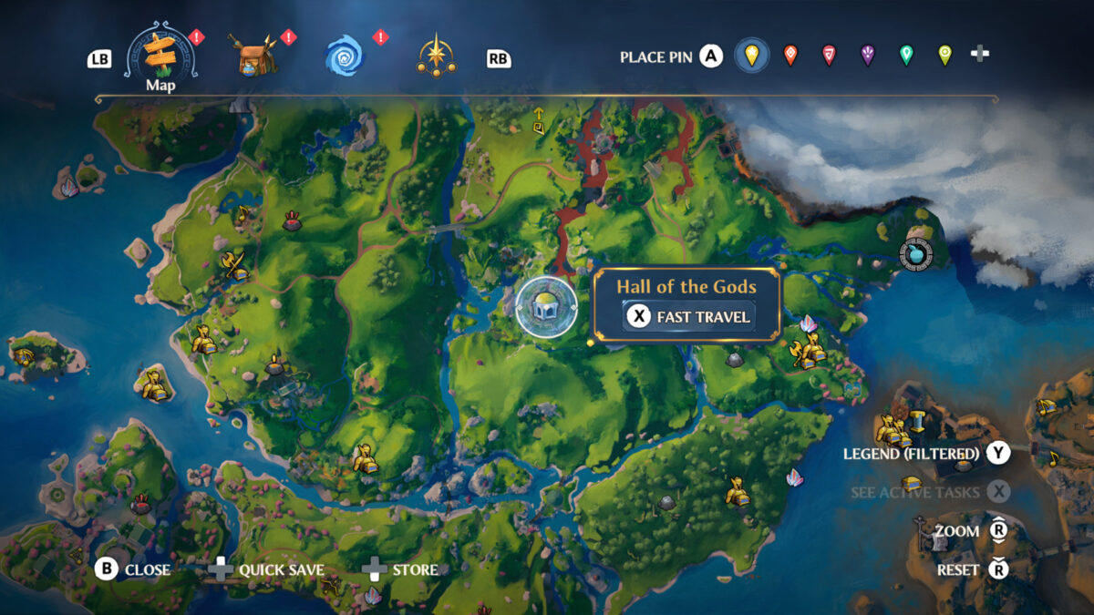 World map screen showing different icons of activities and a prompt displaying, press X to fast travel