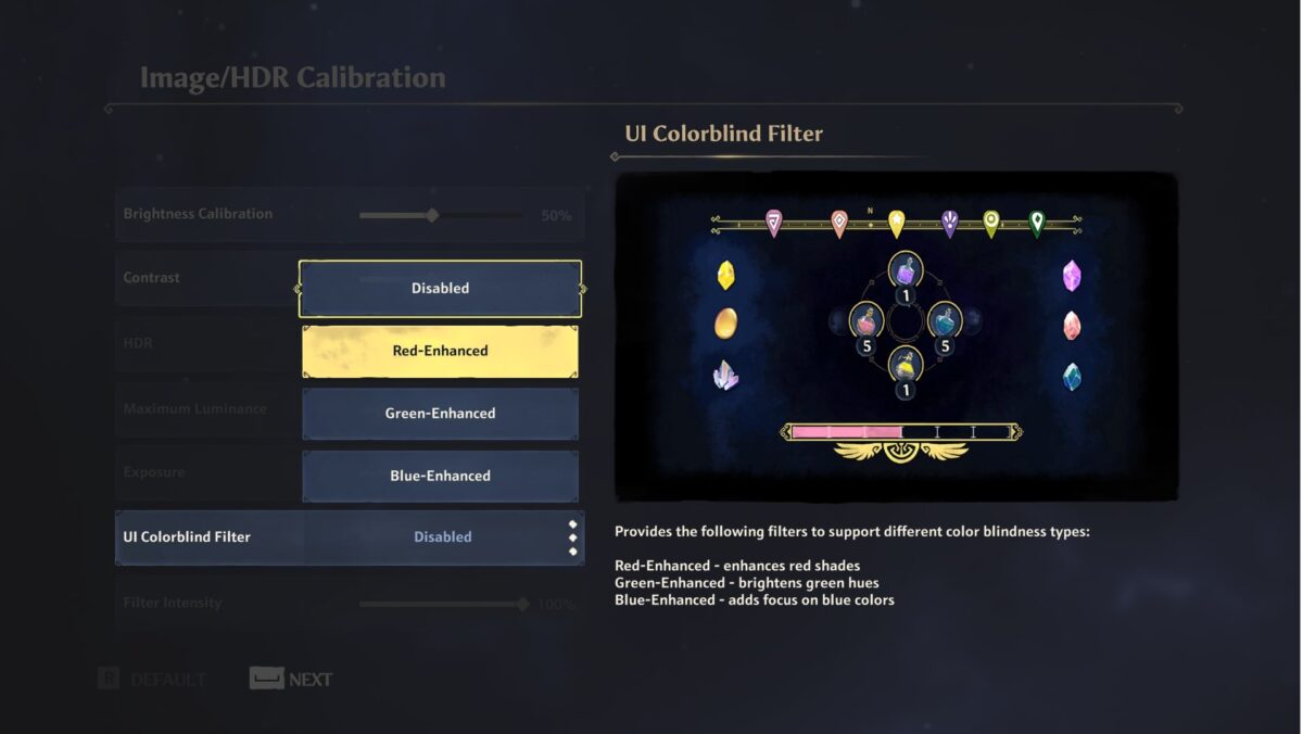 UI Colorblind filter, which 3 separate options and a filter sample to show how it would look like in the game.