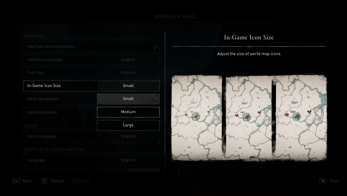 In-game icon size, which adjusts the size of world map icons from small to medium to large. An example is shown on the right side.