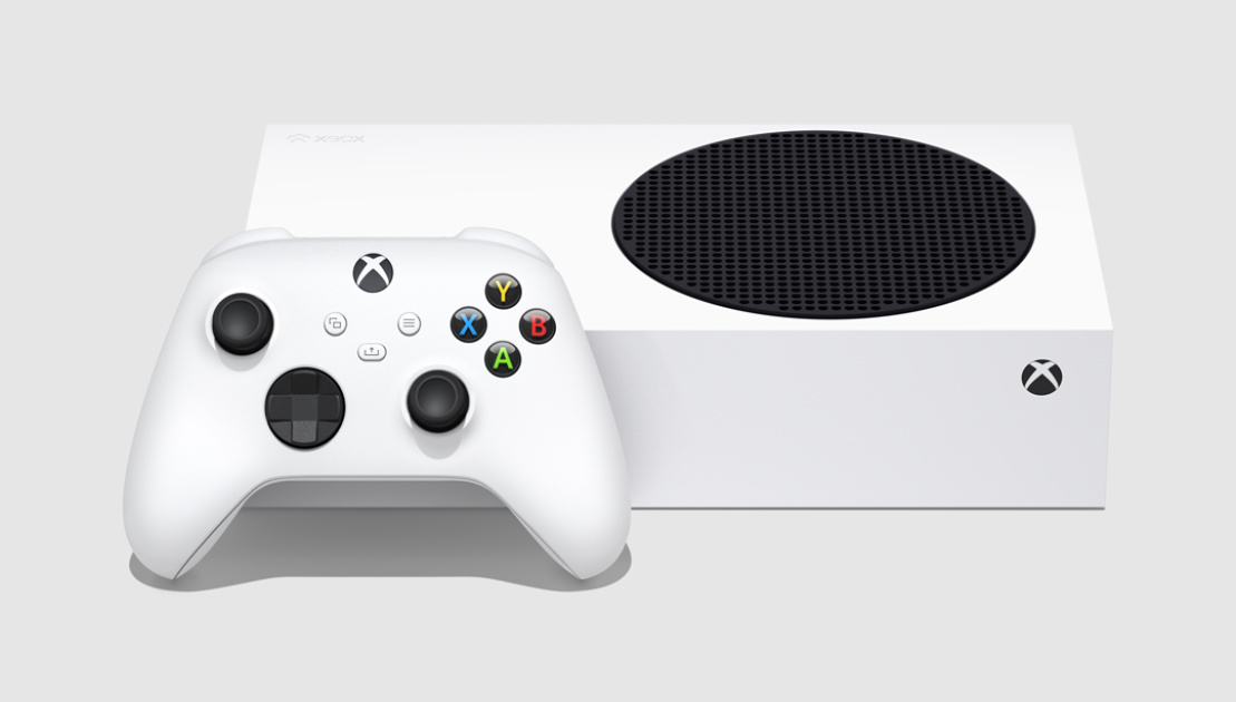 Xbox Series S, is small, simple, and white.