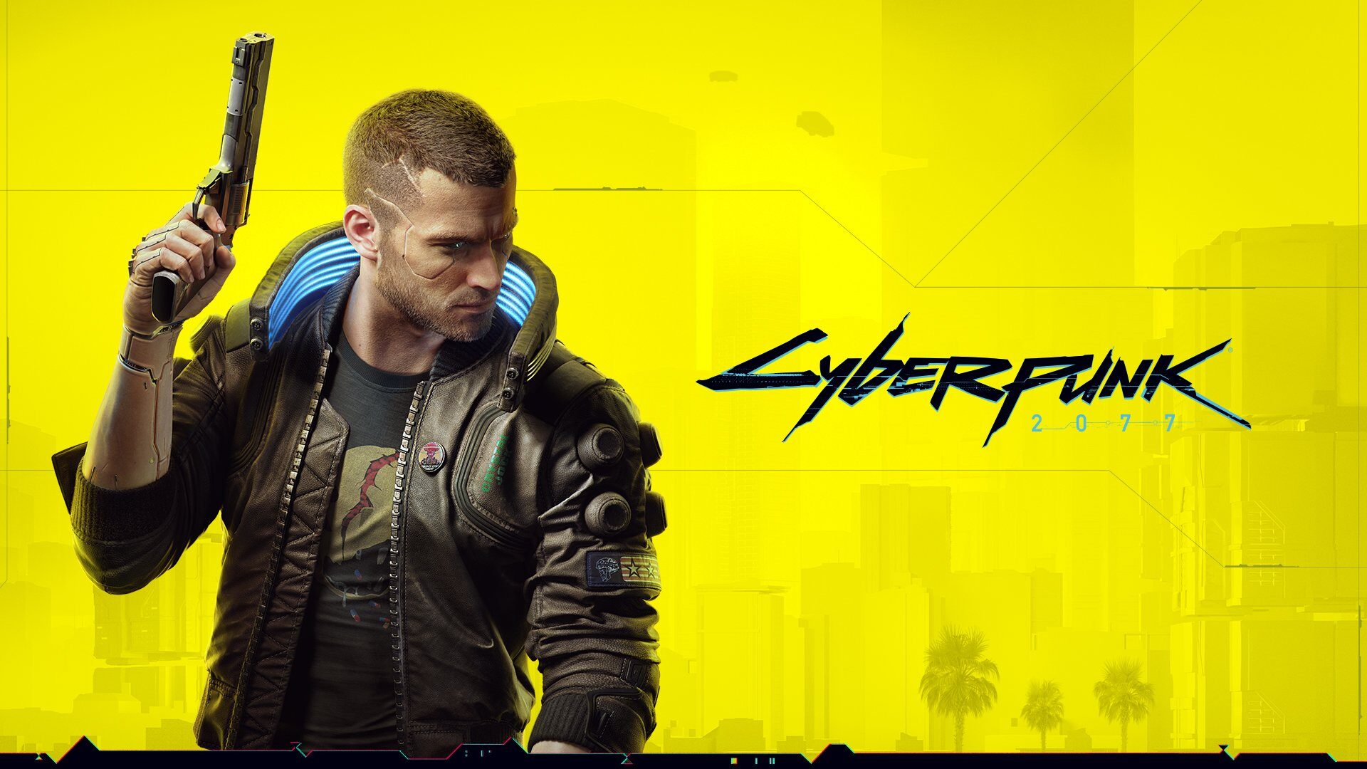 A yellow wallpaper with futuristic text that says Cyberpunk. A cyborg looking man is looking off to the side, holding a futuristic pistol and wearing combat clothing, while also rocking an awesome shaved hairstyle. He is epic. He is the future.