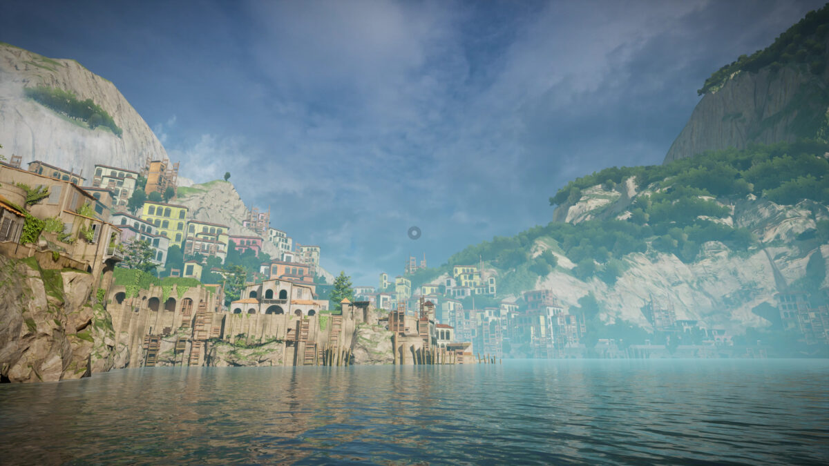 View of the island. The sea is calm. The city looks abandoned on the left side of the coast, and on the right high mountains are partially covered by lush vegetation. In the middle, a big transparent circle surrounded by a slightly darker ring serves as crosshair