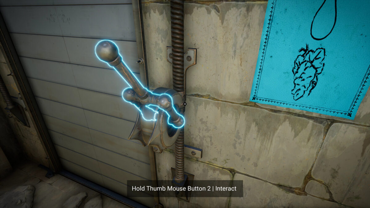 A metal level near a shut door. The lever is highlighted in cyan and the text "Hold Thumb Mouse Button 2 Interact" can be read bear the bottom of the screen