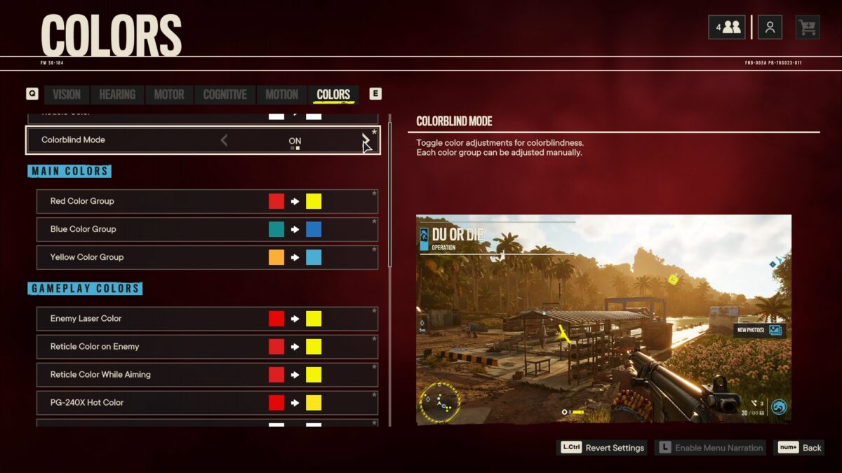 Colors preset with colorblind mode on. Red color group is set to yellow, blue color group is set to blue and yellow color group is set to cyan. The picture on the right side shows these changes applied to in-game elements.