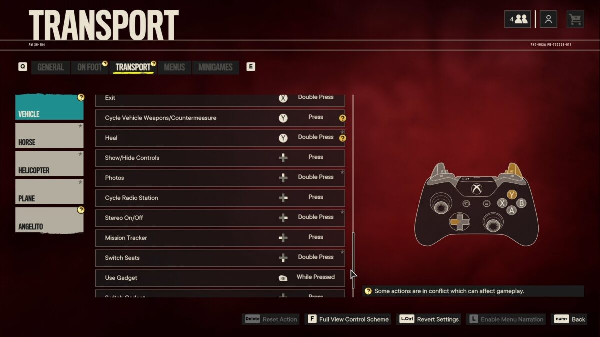 Controller menu showing transport button remapping, the vehicle section is selected. You can see some buttons set to press, double press and while pressed. Three of the buttons are highlighted in yellow and the message indicates that there are conflicts on some actions.