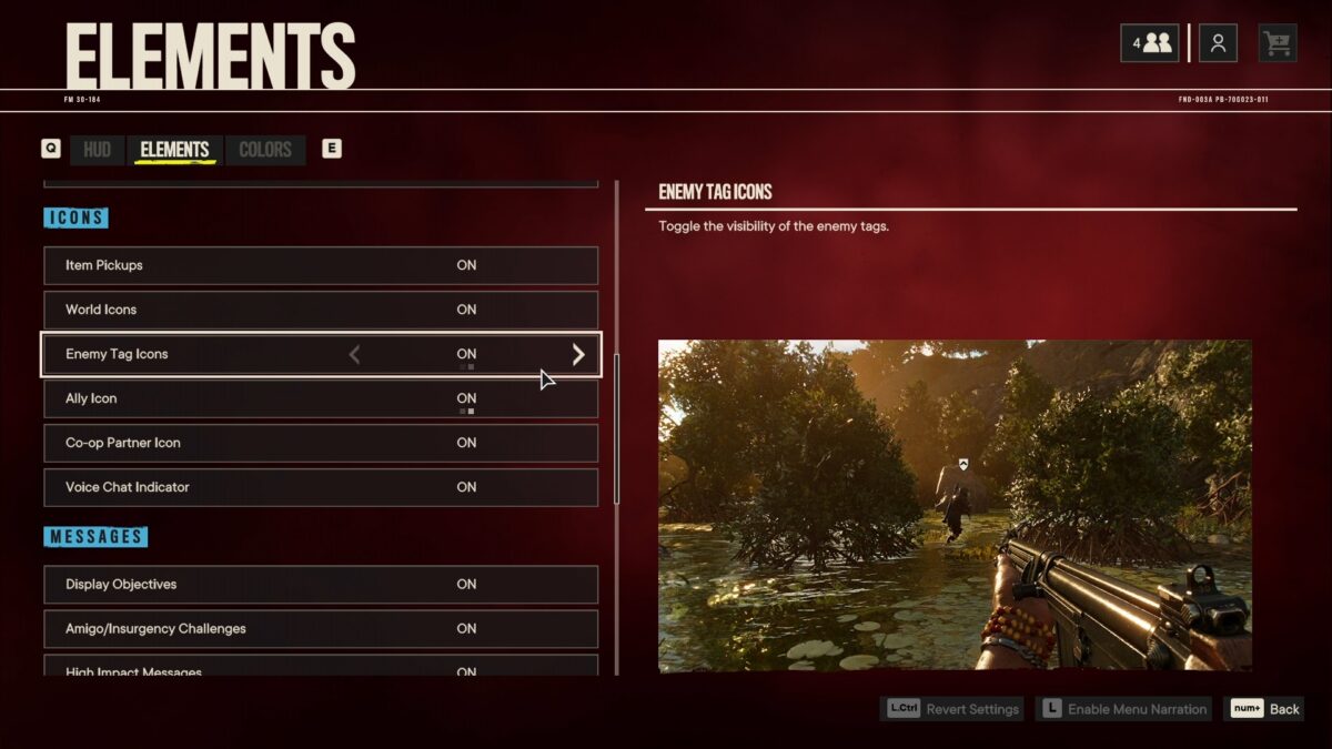 HUD Menu showing options to customize what elements are shown. Enemy tag options are selected and the picture on the right shows an enemy running with a white icon above their head.