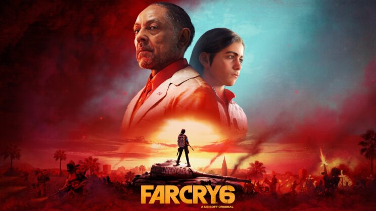 A latino mature man dressed in a white suit and a red shirt, looking at the istance with a stern face. A young latino teenager dressed in the same way looking at the oposite direction. There is a smaller character looking at the horizon facing these two big figures. The text Far Cry 6 at the bottom.