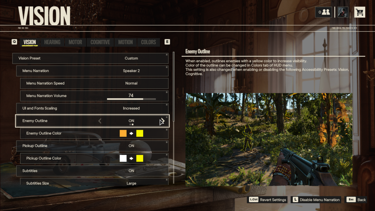 Vision preset options menu showing Menu Narration, menu narration speed set to normal, narration volume at 74, the selected option, enemy outlines enabled, UI and font scale set to increased. On the top right is the option description and below an image with the option example.