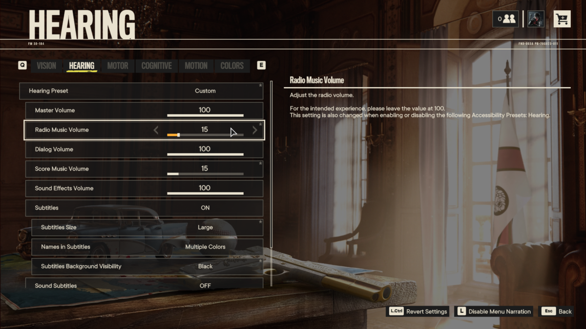 Hearing preset menu showing master, radio music, sound effects, score and dialog volume sliders, both radio and score are set to fifteen. Radio Music volume is highlighted