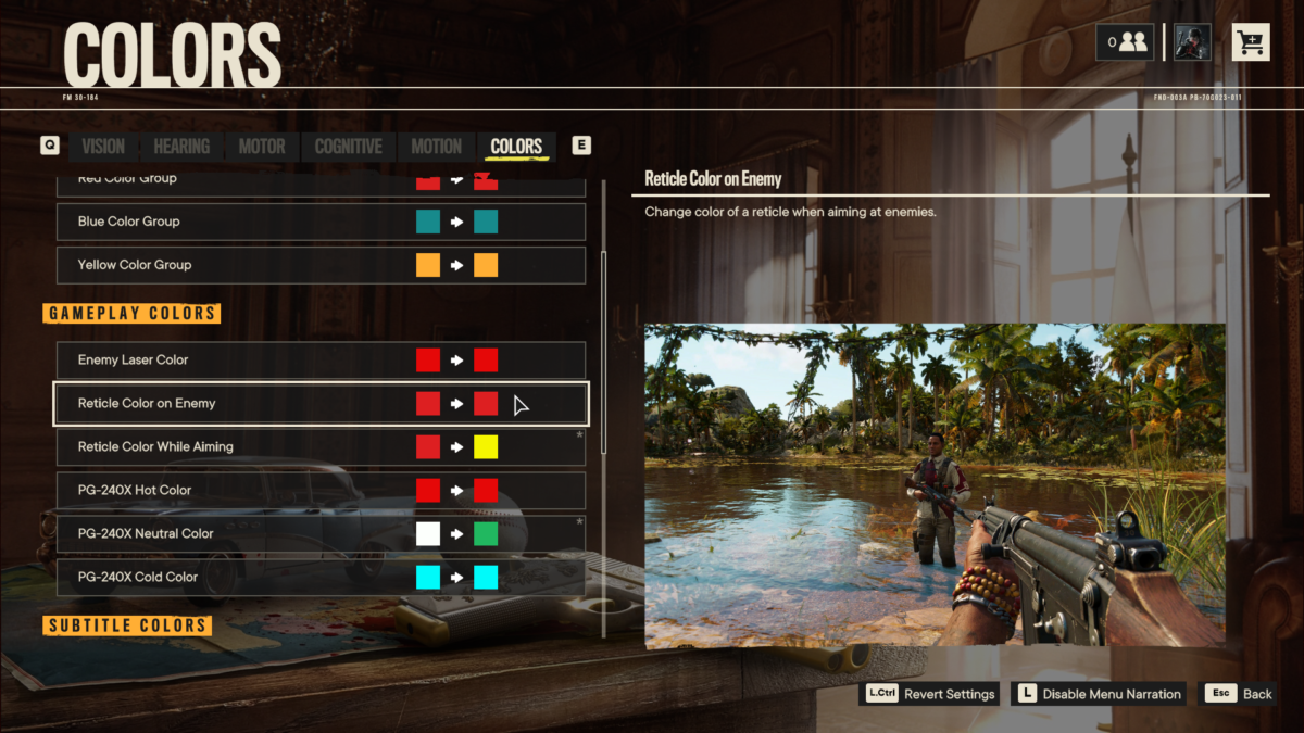 Color preset menu showing different colors for different elements such as yellow color group, reticle color on enemy, aiming at an enemy and aiming reticle color. Reticle color on enemy highlighted