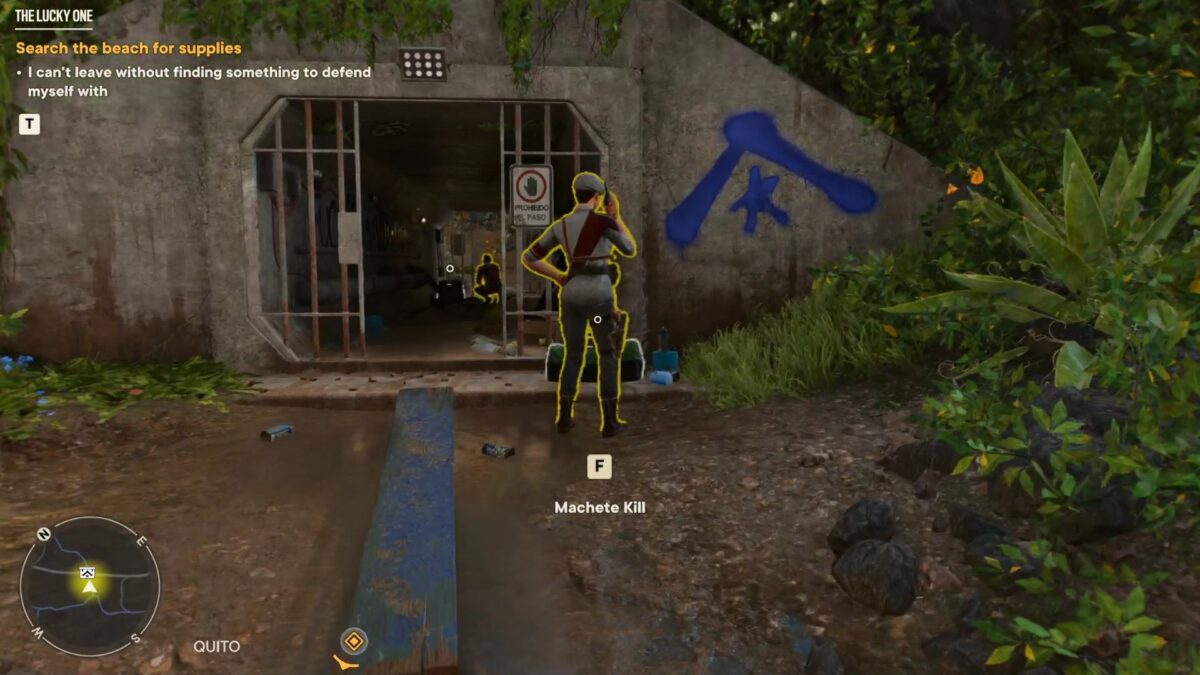 A bunker in the jungle, with two soldiers investiganting it. Both soldiers have a yellow outline, highliting them, and the text, F, Machete Kill can be read near the bottom. There is also a yellow outline highlighting a bag of items that you can pick up.