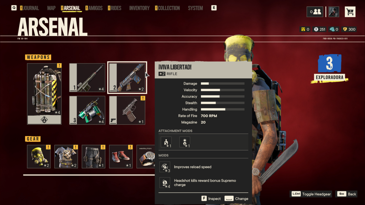 Arsenal menu showing weapons and gear. A white and black box of text with the name, stats and all data of the currently selected gun. Ther is also a yellow exclamation highlighting that you have new gear