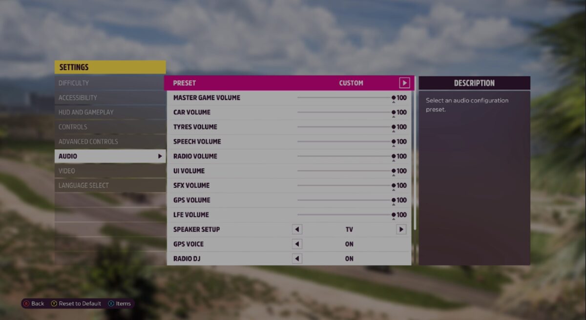 Screenshot from Forza Horizon 5, showing the Audio settings within the game