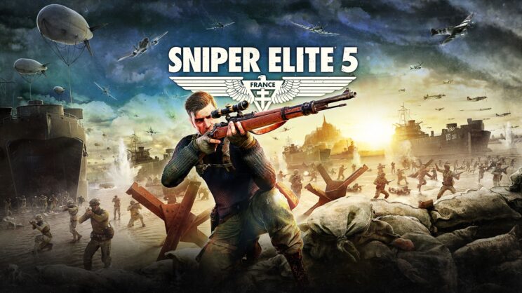 Sniper Elite 5 cover depicting a soldier aiming through a rifle scope on a beach during war, with soldiers around him in what looks like the allied invasion on D-Day.