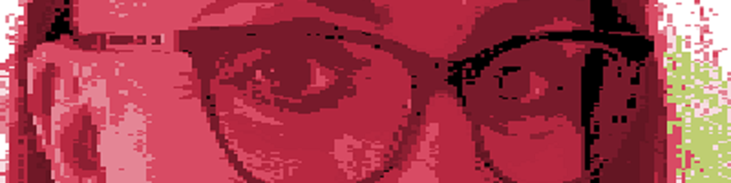 Close view of Nickie Harper-Williams' eyes in red color with an 8-bit pixel effect