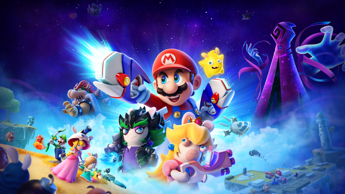 Cover art showing Mario firing a space gun. He is surrounded by his allies te Rabbids disguised as Princess Peach. The real Princess Peach, Luigi, Bowser and other classic characters pose with different weapons and items, in support of Mario. A dark menacing figure looms in the background, dressed in a long cape and extending its hands menacingly.