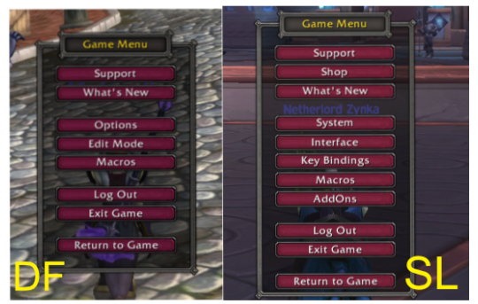 Differences in menus between Dragonflight on the left and Shadowlands on the right
