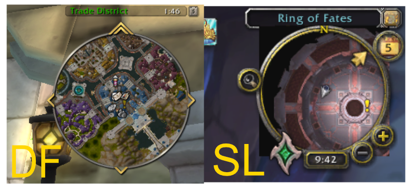 Minimap differences between World of Warcraft Dragonflight on the left and Shadowlands on the right