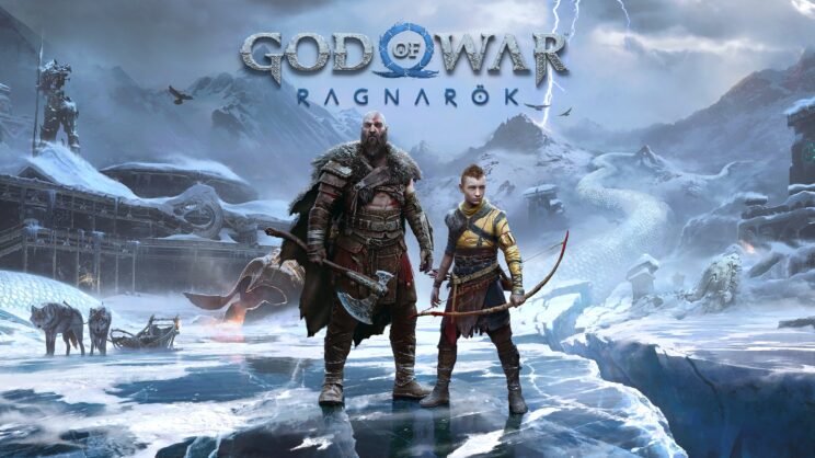 God of War Ragnarok cover. Kratos armed with his axe and Atreus armed with his bow side by side in the middle of a frozen land. There is a skiff with wolves on the left, snowy mountains in the distance and lighting strikes.