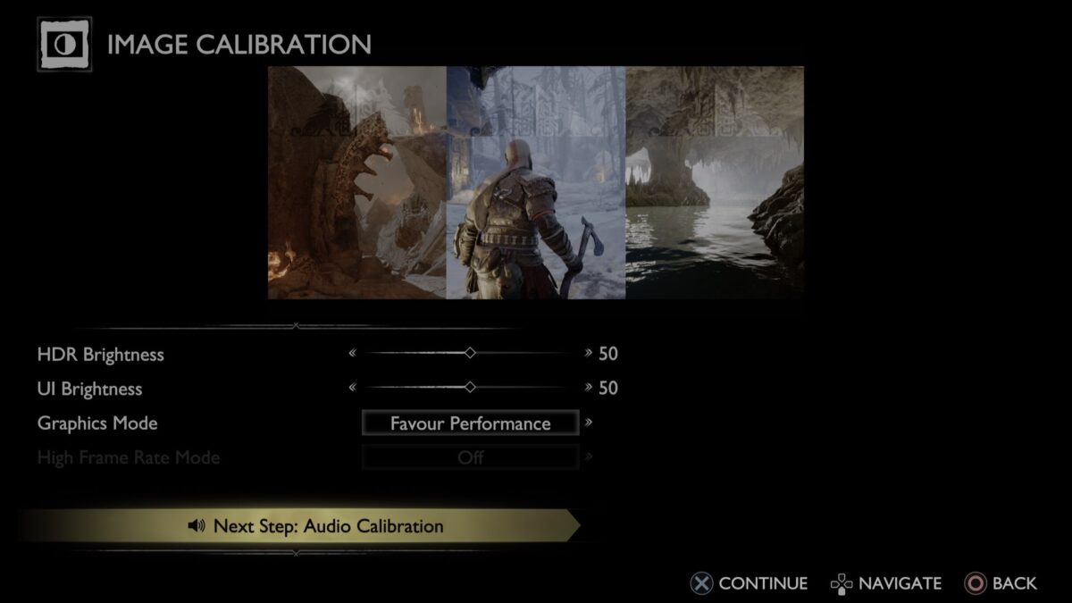Image Calibration screen with HDR Brightness, UI Brightness, Graphics Mode and High Frame Rate Mode.