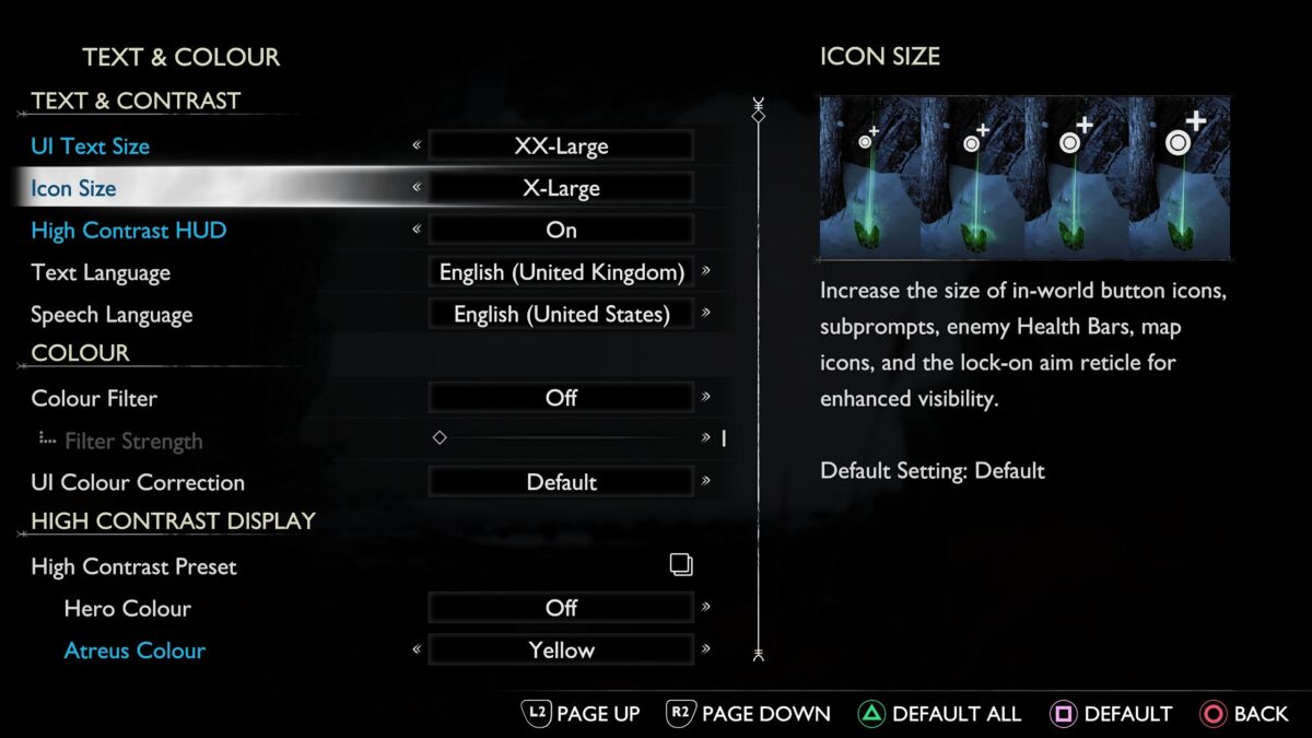 Text and Color Menu with options for UI Text Size, Icon Size, High Contrast HUD, Text and Speech Language and Color Filter options