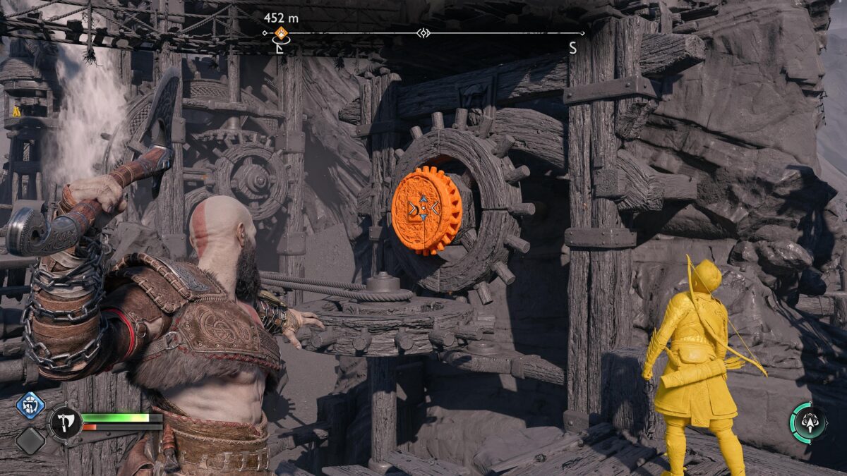 Example of High Contrast Mode showing Kratos aiming his axe to hit a wooden wheel that is shaded in Orange and Atreus is on the right side in yellow