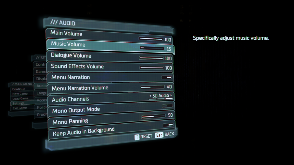 Audio menu with main, music, dialogue and sound effects volume sliders. Options to enable menu narration, adjust its volume and audio channels.