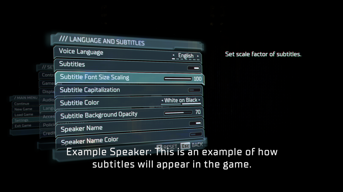 Language and Subtitles menu with options for Voice Language, Subtitles, Subtitle font size scaling, subtitle color, subtitle background opacity, Speaker name and Speaker name color.