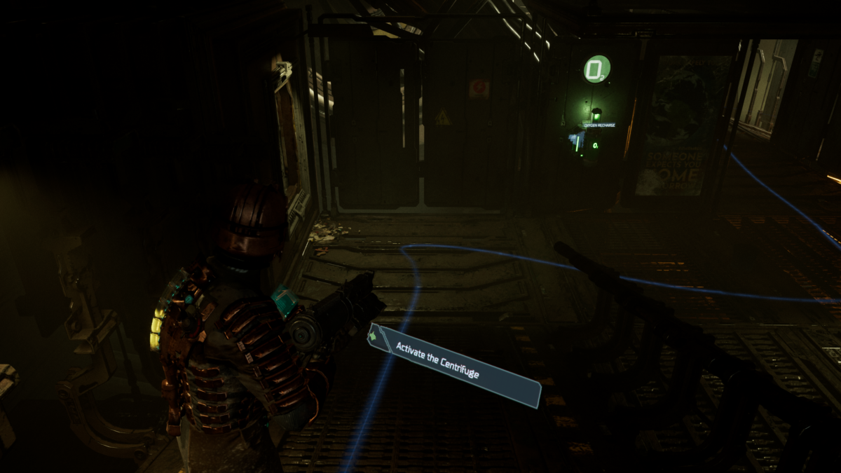 The main character looking downstairs, with the locator feature activated. A blue line runs through the floor showing the path to the current mission objective.