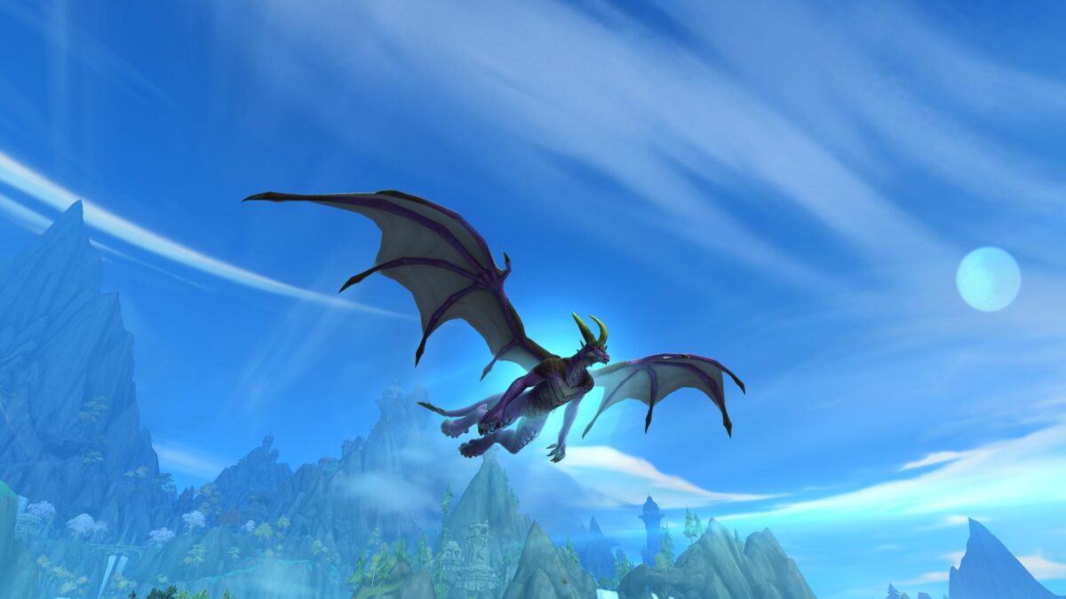 A dragon with purple scales and yellow horns flying with a view of mountains behind.