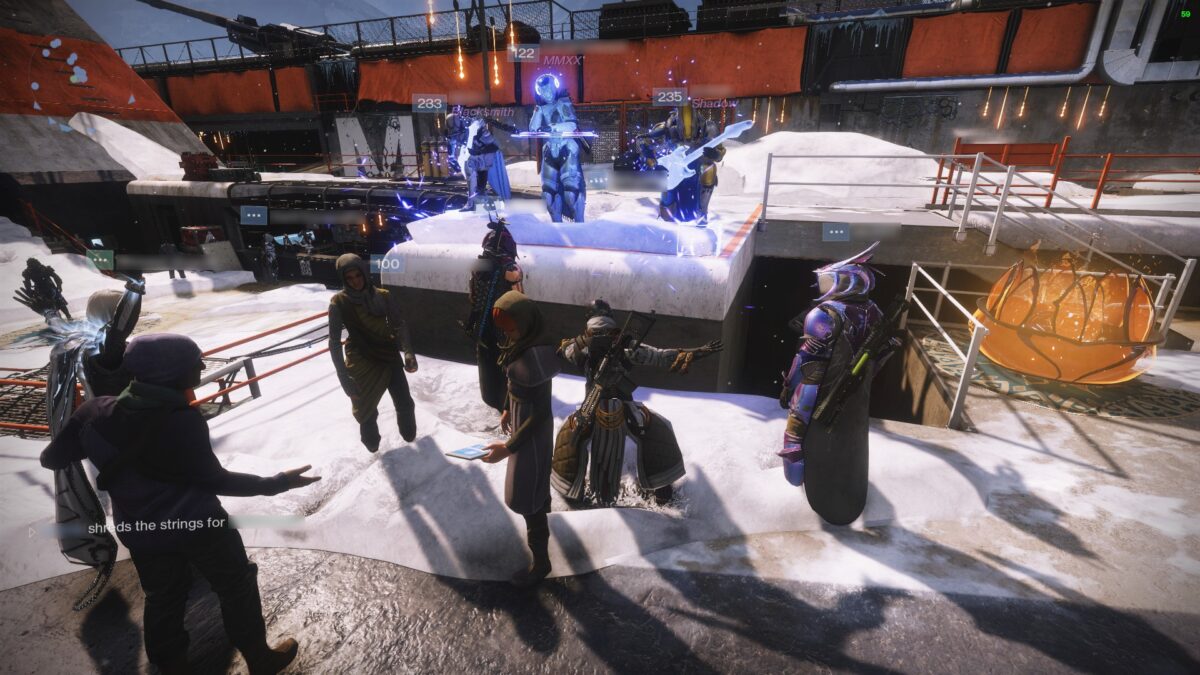 Players gathering around in the main hub to use party-related taunts. Three players standing on an elevated surface summoned ghostly-looking instruments and are making some noise, while a group of players is standing below them, either watching the spectacle or using dancing taunts.