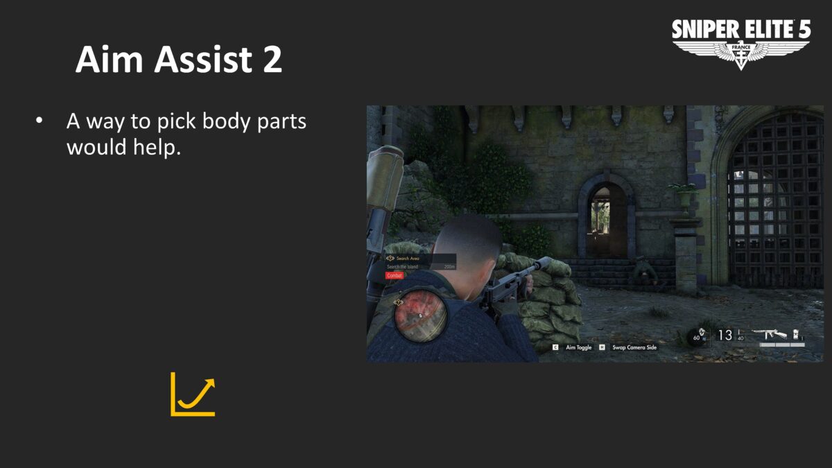A page with white text on a dark grey background. The bullet point list reads: A way to pick body parts would help. There's a picture of the character aiming at an enemy behind cover. An arrow changing direction upwards symbol beneath the text.