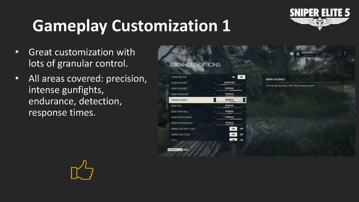 A page with white text on a dark grey background. The bullet point list reads: Great customization with lots of granular control. All areas covered: precision, intense gunfights, endurance, detection, response times. There's a picture of the Campaign customization to adjust player resilience, enemy resilience, aggression, accuracy, skill and many more. A thumbs up symbol beneath the text.