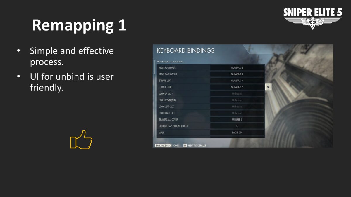 A page with white text on a dark grey background. The bullet point list reads: Simple and effective process. UI for unbind is user friendly. There's a picture of the keyboard remapping screen with an X icon to unbind keys. A thumbs up symbol beneath the text.