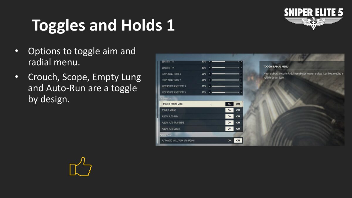 A page with white text on a dark grey background. The bullet point list reads: Options to toggle aim and radial menu. Crouch, Scope, Empty Lung and Auto-Run are a toggle by design. There's a picture of the controls options with toggles for Radial Menu and Aiming. A thumbs up symbol beneath the text.