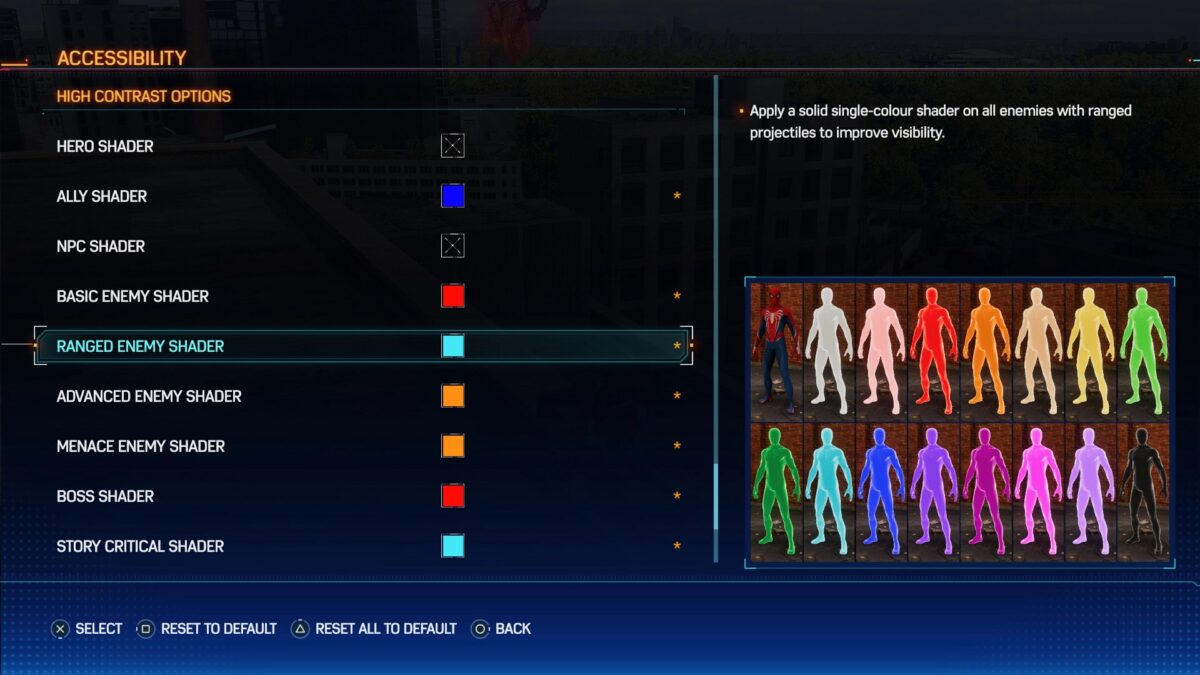 Accessibility settings showing High contrast options. The High contrast shaders are Hero, Ally, NPC’s, Basic Enemy, Ranged Enemy, Advanced Enemy, Menace, Boss and Story Critical. Ranged Enemy Shader is selected and the description shows a bunch of character models with shaders of different colors. The description reads Apply a solid single-color shader on all enemies with ranged projectiles to improve visibility.